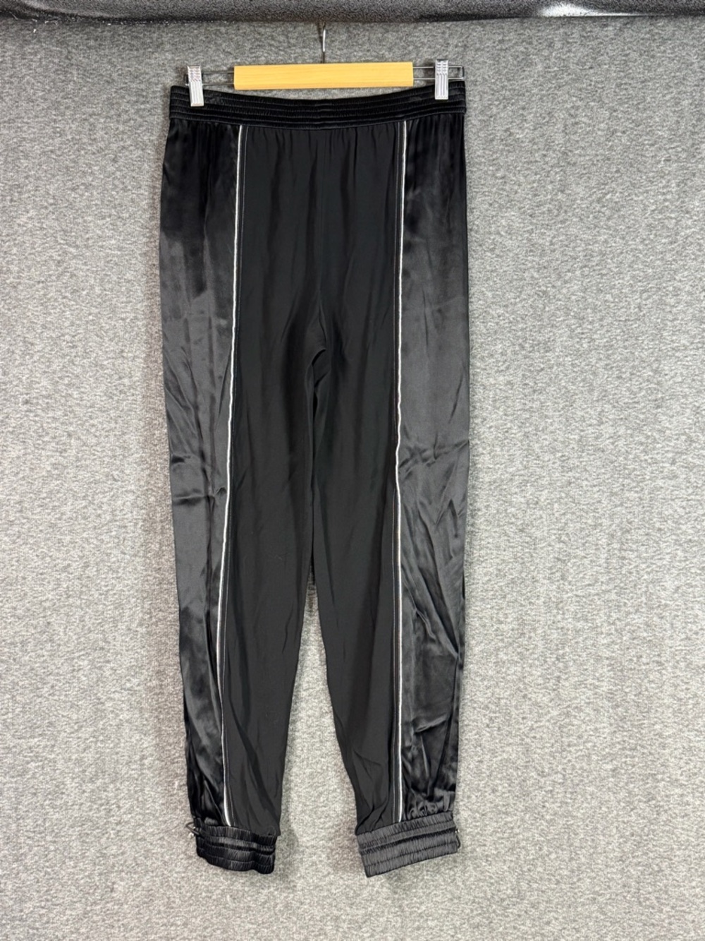 Karl Lagerfeld Black Satin Jogger Pants Zipper Logo Contrast Piping Sz US S NWOT